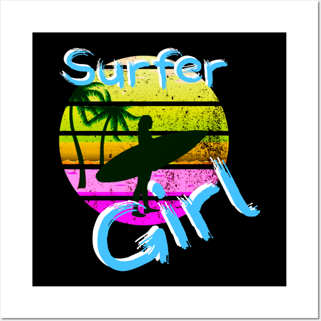 Surfer Girl Surfing Gift for Girls Surfboard 80s Retro Surf Wall Art by Bezra